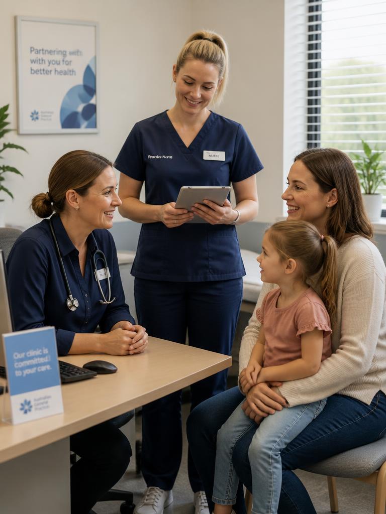 GP and nurse consulting with a parent and child in a bright clinic room