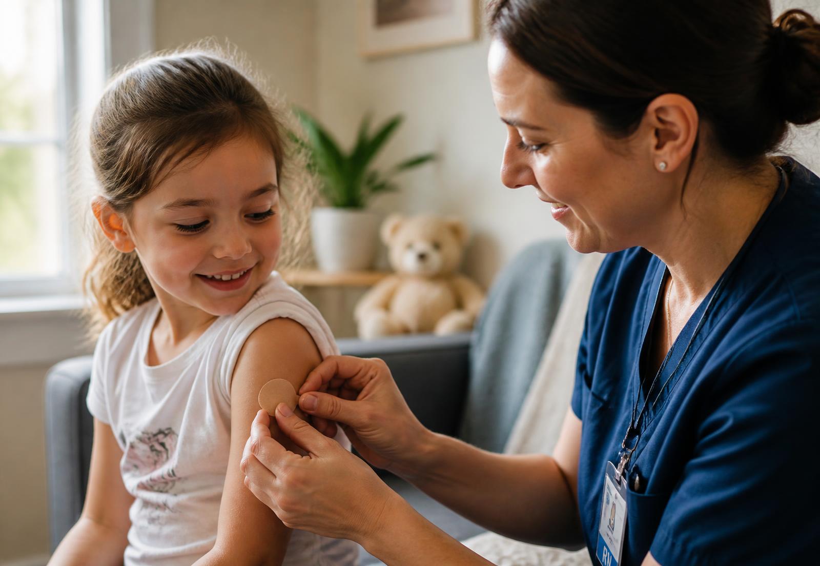 Nurse applying a bandage to a child's arm after a vaccination