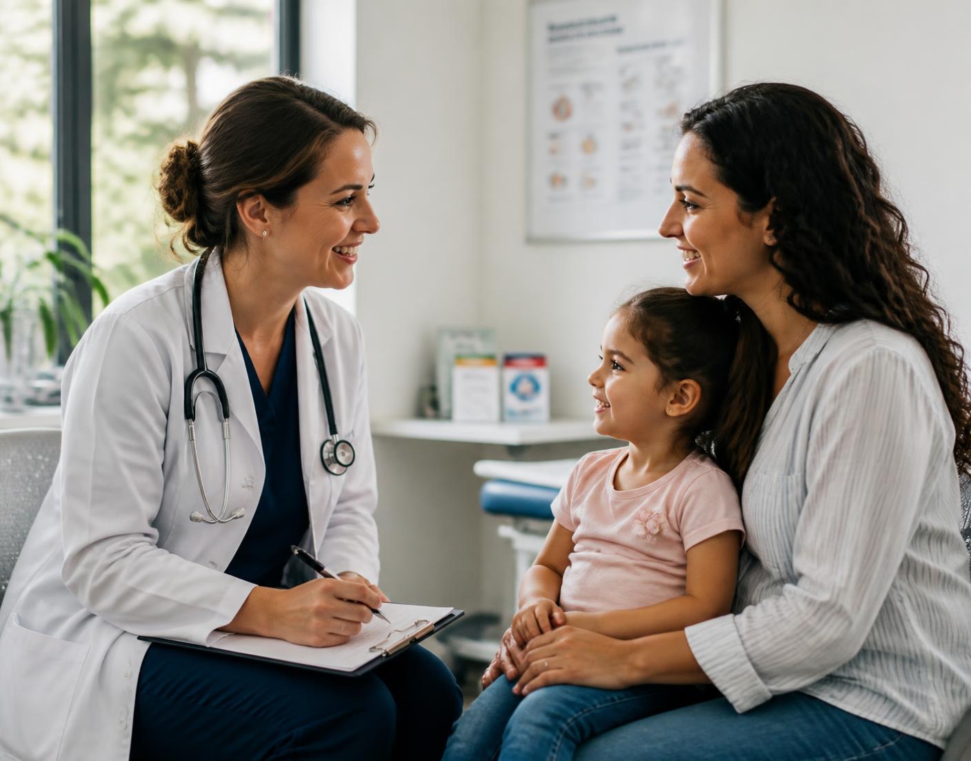 Doctor speaking with a mother and her young child in a consulting room