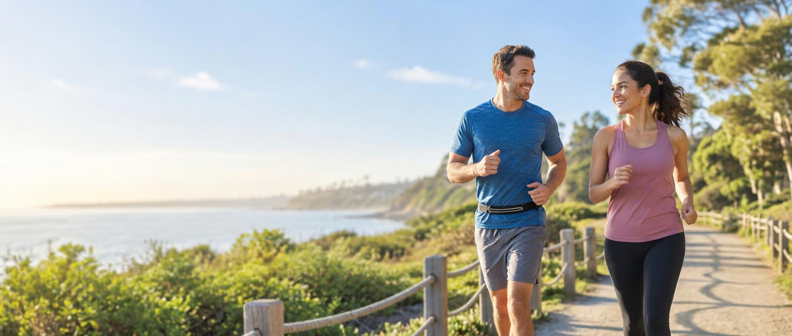 Two healthy women jogging together outdoors, full of energy