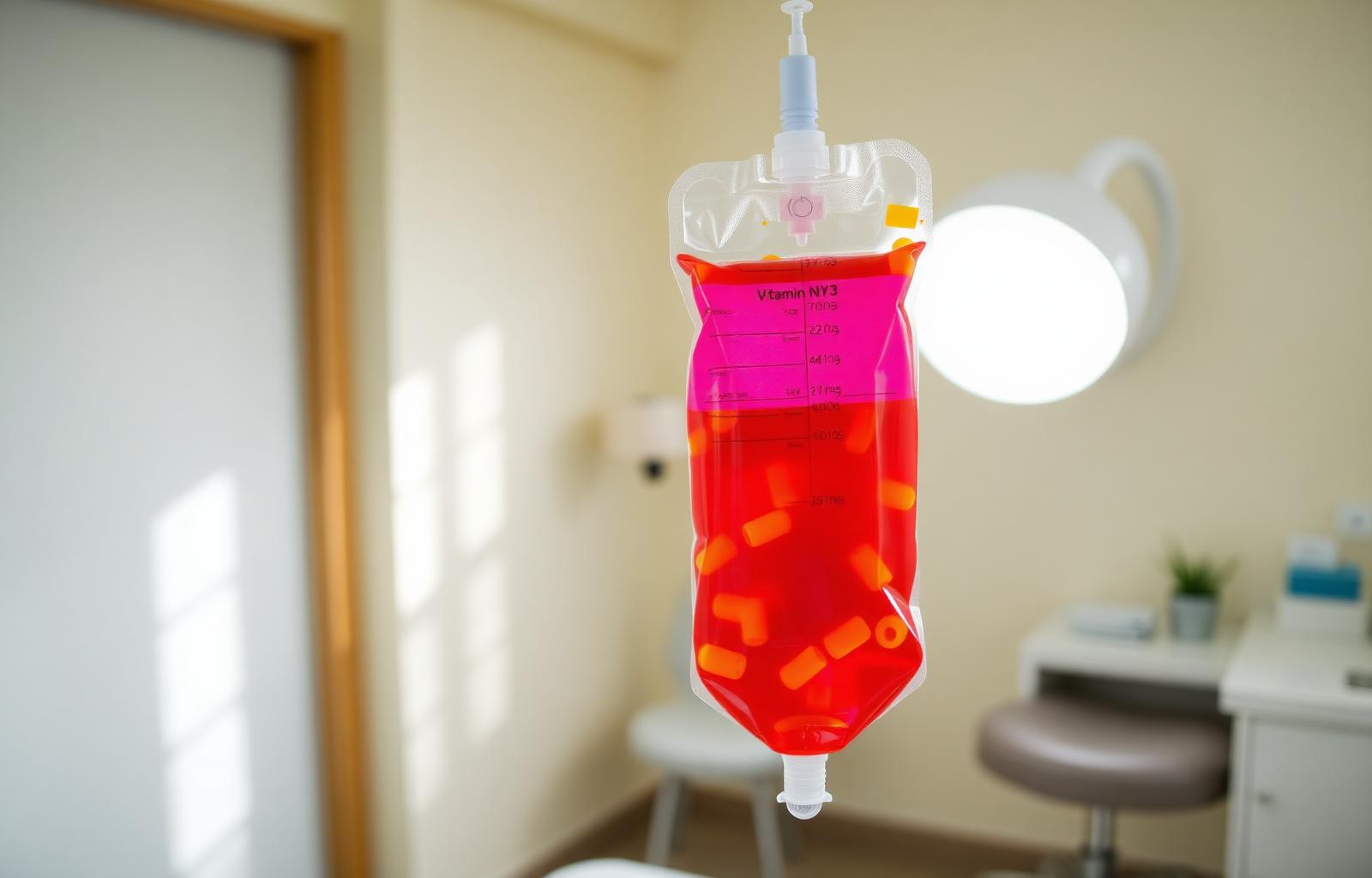 IV infusion bag in a clean wellness clinic room